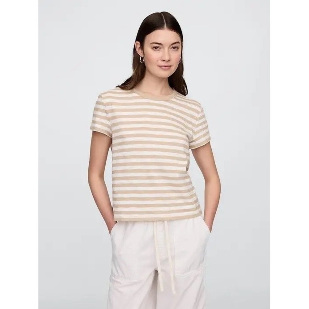 NWT GAP Forever Soft Tee XXL 20 Khaki Stripe Short‎ Sleeve Crew Neck Foreversoft